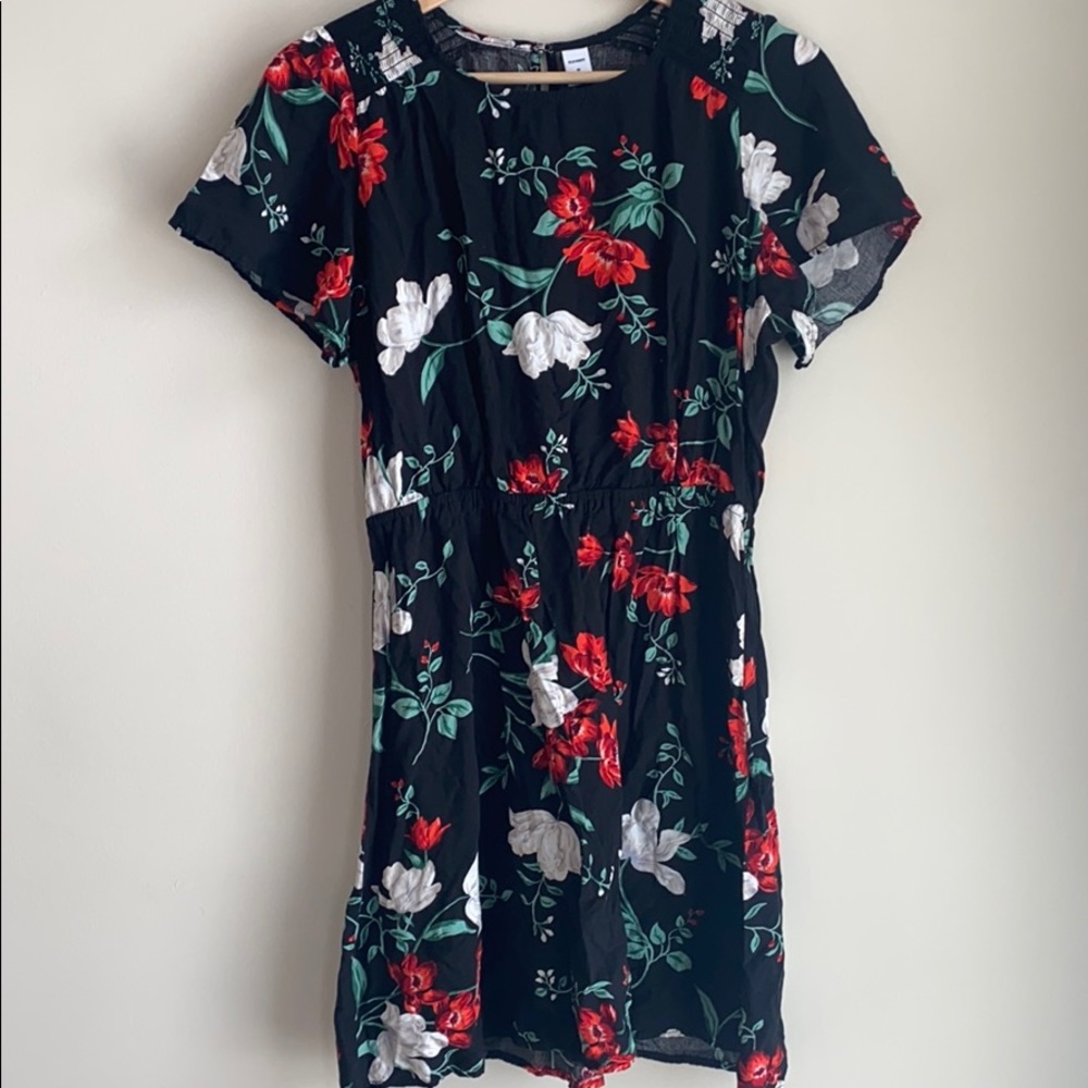 Old Navy Black Floral Short Sleeve Dress with Red & White Flowers